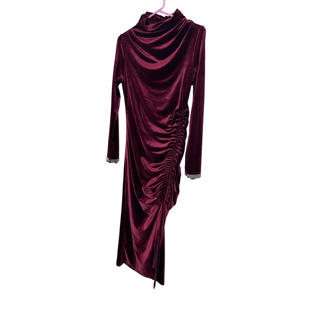 Anthropologie Dress Womens Small Red Velvet Ruched Maxi Cowl Neck Beaded Cuff